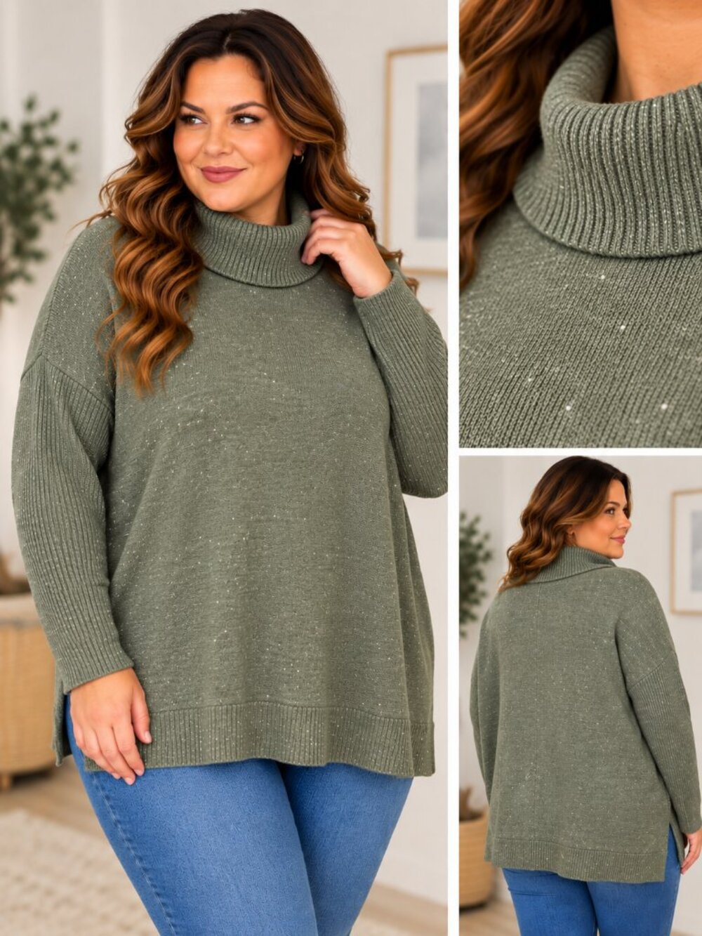 New Directions Sweater Turtleneck Boxy Cozy Soft Sage Green Size XL